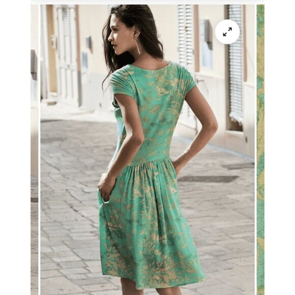 Peruvian Connection White Lotus Dress Large Midi Aqua Fit And Flare Floral Boho - Picture 2 of 10